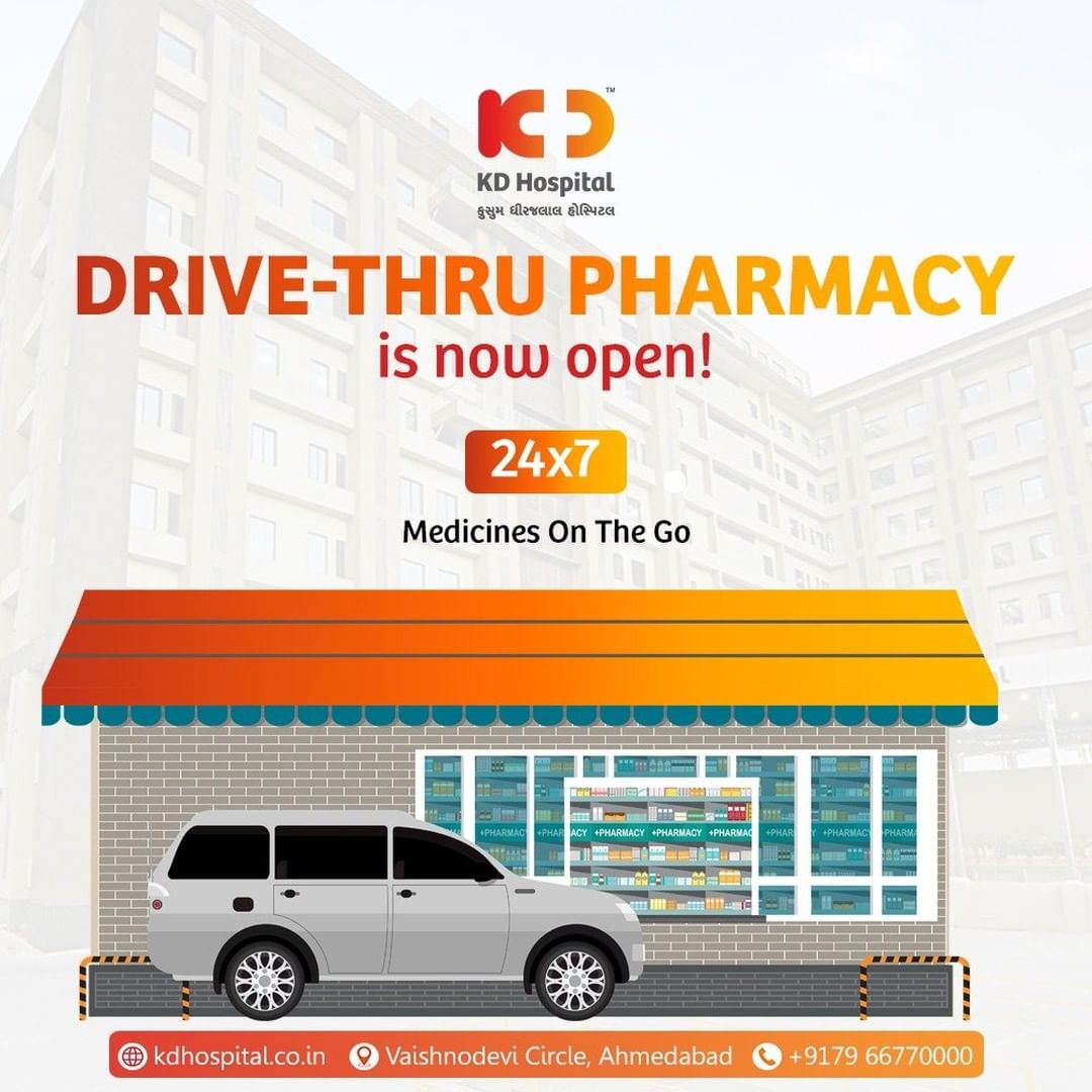 24 x 7 Drive Thru Pharmacy now open at KD Hospital
Now avail your medicines on the Go...

#KDHospital #Drivethru #Drivethrupharmacy #pharmacy #medicine  #goodhealth #health #wellness #fitness #healthiswealth #healthyliving #patientscare #Ahmedabad #Gujarat #India