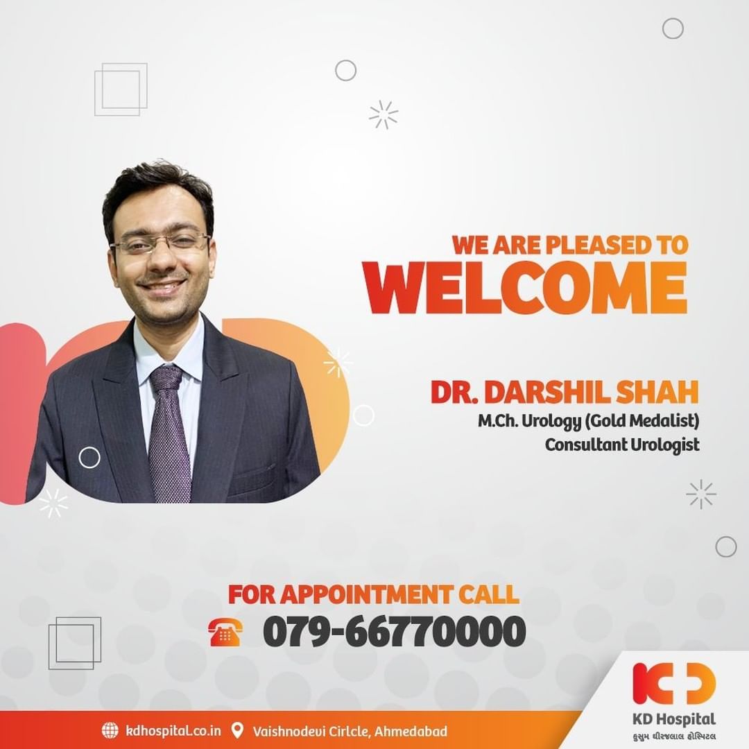 KD Hospital welcomes Dr. Darshil Shah in the team of frontliners as a Consultant Urologist, who is a gold medalist in his specialization (MCh Urology). Call 079-66770000 to book an appointment. 

#KDHospital #urology #urologist #minimalinvasiveurology #minimallyinvasivesurgery #TURP #ProstateCheck #MaleIncontinence #MaleInfertility  #goodhealth #health #wellness #doctor #fitness #healthiswealth #healthyliving #patientscare #Ahmedabad #Gujarat #india