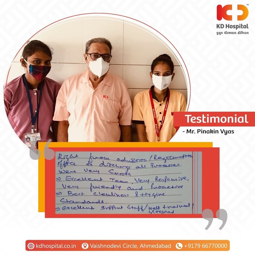 KD Hospital feels privileged for having received kind words from our patient Mr. Pinakin Vyas. Thank you for reinforcing your trust and relationship with us. 

#KDHospital #MultiSpecialtyHospital #Compassion #Doctors #Diagnosis #Therapeutics #goodhealth #patienttestimonial #patient #testimonial #testimony #soical #socialmediamarketing #digitalmarketing #wellness #wellnessthatworks #Ahmedabad #Gujarat #India