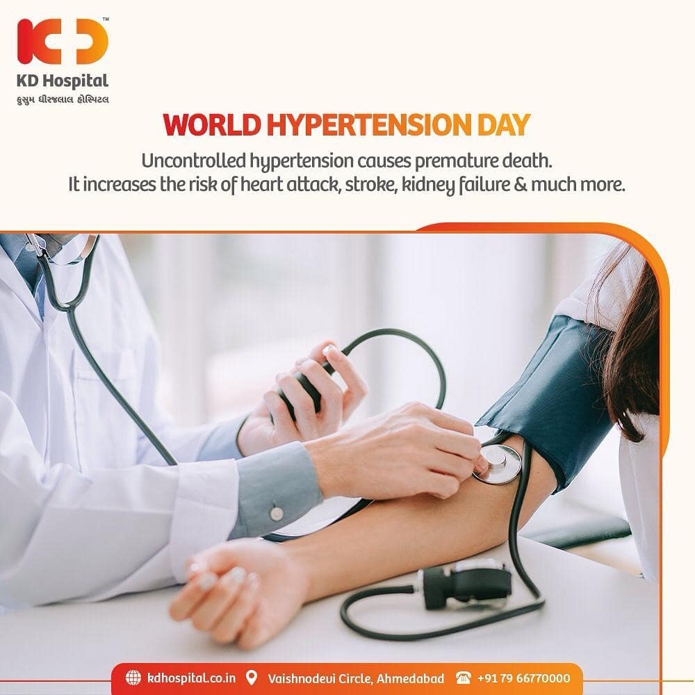Otherwise known as a silent killer, hypertension in any individual for a chronic period could damage his/her brain, kidneys, lung, heart and vessels. Blood pressure in a healthy adult should be measured at intervals to ensure timely treatment and prevention of this deadly condition.

#KDHospital #WorldHypertensionDay #Hypertension #HighBloodPressure #Physician #Compassion #Safety #PatientSafety #SafetyComesFirst #SafetyFirst #SafetyMeasures #Diagnosis #Therapeutics #Awareness  #wellnessthatworks #Nusring #NABHHospital #QualityCare #hospitals #doctors #healthcare #medical #health #physicians #surgery #surgeon #Ahmedabad #Gujarat #India