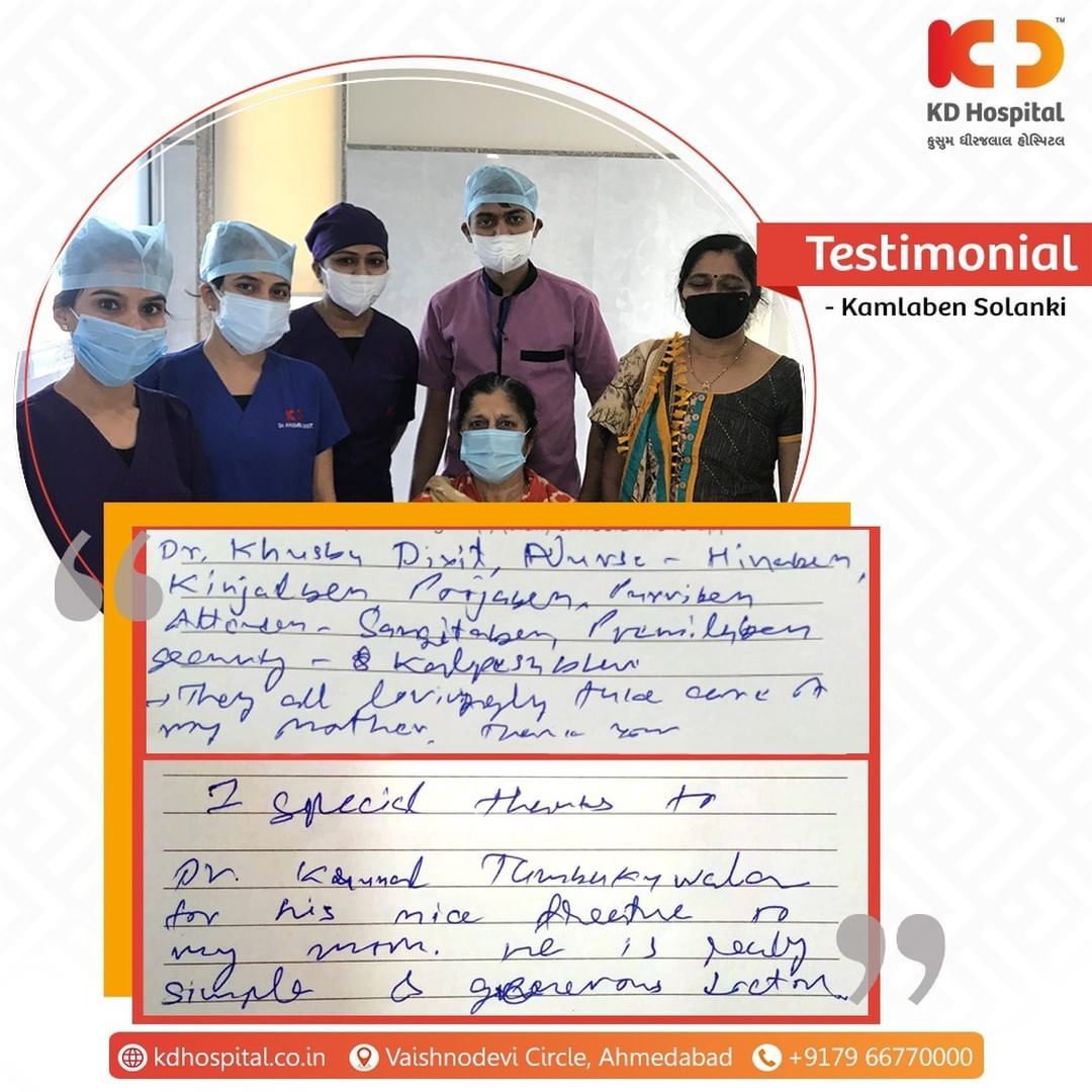 Your words are a great motivation to our doctors and healthcare frontiers to provide you with the best of the course of treatment and services. 

#KDHospital #PatientSpeaks #PatientTestimony #Testimony #Safety #PatientSafety #SafetyComesFirst #SafetyFirst #SafetyMeasures #Diagnosis #Therapeutics #Awareness #wellness #goodhealth #wellnessthatworks #Nusring #NABHHospital #QualityCare #hospitals #healthcare #physicians #surgeon #Ahmedabad #Gujarat #India