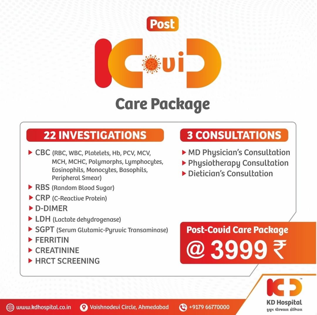 Get yourself checked with a Comprehensive Health Check-Up after COVID-19 at KD Hospital and live a normal life. Book your appointment now to avail Post-Covid Care Package on +917966770000.

#KDHospital #PostCovidCare #PostCovidRecovery #Covid19 #HealthCheckUp #CovidIndia #Compassion #Safety #PatientSafety #SafetyComesFirst #SafetyFirst #SafetyMeasures #Diagnosis #Therapeutics #wellness #goodhealth #wellnessthatworks #Nusring #NABHHospital #QualityCare #hospitals #healthcare #Ahmedabad #Gujarat #India