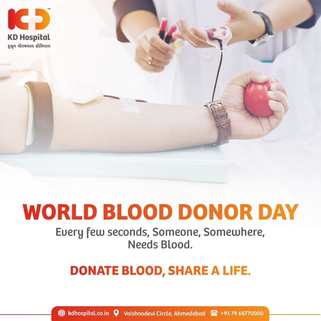KD Hospital urges you to donate blood on this #WorldBloodDonorDay as your few minutes of blood donation can save someone's life.
Call on +917966770022 to donate blood at KD Charitable Hospital Blood Bank.

#KDHospital #DonateBlood  #WorldBloodDonorDay2021 #BloodDonation #DonateBloodSaveLives #bekinddonateblood  #Diagnosis #Therapeutics #Awareness #wellness #goodhealth #wellnessthatworks #Nusring #NABHHospital #QualityCare #hospitals #healthcare #physicians #surgeon #Ahmedabad #Gujarat #India