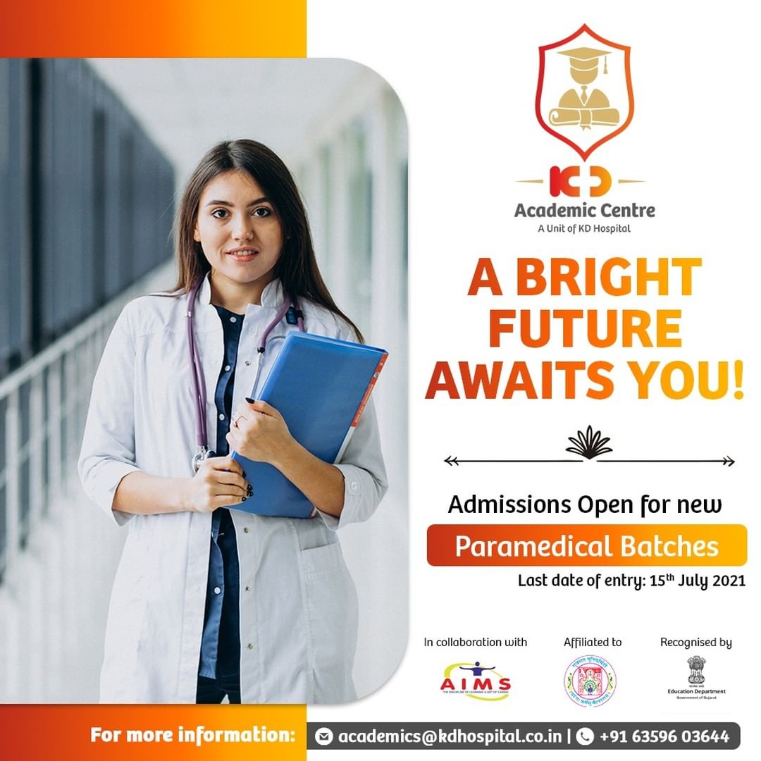 Declaring Admission with KD Academics Center for Paramedical Courses Now Open!!

The offered courses are in collaboration with Ahmedabad Institute of Medical Sciences (AIMS), affiliated with Gujarat University, and recognized by the Government of Gujarat.

Click on the link in bio to know more about it. Call on +91 6359603644 for admissions.

#KDAcademis #KDHospital #academics #admission #courses #medical #health #Connections #wellness #healthcare #paramedic #paramedical #paramedicalstudies #ParamedicalCourses #paramedicaltechnician  #medicalstudent #medicalschool #becomeaparamedic #placement #student #studentsuccess #Ahmedabad #Gujarat #India