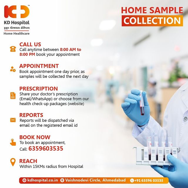 Home sample collection is one call away. Call on +916359603535 to get your Laboratory Investigations done without stepping out from the home. 

#KDHospital #HomeSampleCollection #HomeSample #Appointment #Laboratory #NABL #Diagnosis #Therapeutics #Awareness #wellness #goodhealth #wellnessthatworks #Nusring #NABHHospital #QualityCare #hospital #explore #healthcare #physicians #surgeon #Ahmedabad #Gujarat #India