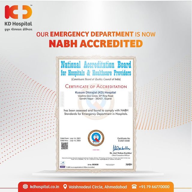 Our well equipped Emergency Department just got recognised by receiving NABH accreditation for Emergency Services, which allows our healthcare frontiers to serve the patients coming to us in any condition. We'll thrive to serve the patients with quality care by constant refinement.

#KDHospital #NABHAccreditation #NABH #ER #ED #EmergencyDoctors #EmergencyMedicine #EmergencyServices #NABHHospital #QualityCare #hospitals #doctors #healthcare #medical #health #hospital #nurses #medicine #coronavirus #staysafe #physicians #surgery #surgeon #wellnessthatworks #Ahmedabad #Gujarat #India