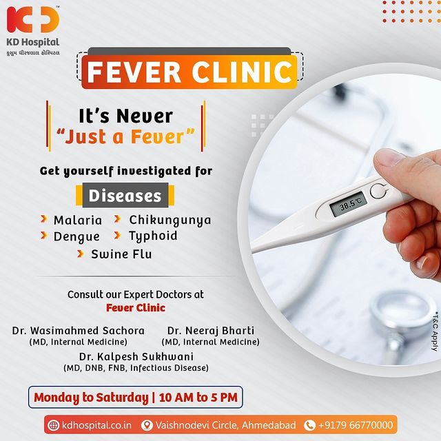 Fever in the rainy season could be inviting a few bacterial and viral diseases along with water-borne diseases in your body. Don't ignore the symptoms and visit our Fever Clinic by appointment on +917966770000.

#KDHospital #MultiSpecialtyHospital #FeverClinic #FeverProfile #Fever #MonsoonFever #Malaria #Chikungunya #Dengue #Typhoid #SwineFlu #Compassion #Doctors #Diagnosis #Therapeutics #goodhealth #patienttestimonial #patient #testimonial #testimony #soical #socialmediamarketing #digitalmarketing #wellness #wellnessthatworks #Ahmedabad #Gujarat #India