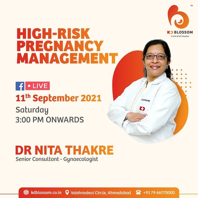 While being pregnant comes with joy, it also adds the responsibility of its own kind. Be mindful of the risk factors related to High-Risk Pregnancy hence, reducing the risk.
Our Sr. Consultant Gynaecologist Dr Nita Thakre shares her insight on the same on Facebook Live from 03:00 PM onwards on 11/09/2021.
Join the session on our official Facebook page at
https://www.facebook.com/KDHospitalOfficial/

#KDHospital #KDBlossom  #MultiSpecialtyHospital  #FacebookLive #doctor #pregnancy #highriskpregnancy #twins #recurrentabortion #fertility #gynaecology #obstetrics #fitness #healthiswealth #healthyliving #patientscare  #healthylifestyle  #Ahmedabad #Gujarat #India