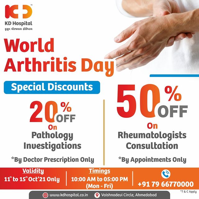 Don't ignore the early signs. Arthritis is just the beginning of a series of other diseases.
Avail Today the benefit of Arthritis Screening at KD Hospital with special discounted rates for a limited period !!
Call now: +91 79 66770000 to Book an Appointment.

#KDHospital  #WorldArthritisDay #arthritis #arthritisrelief #jointpain #muscleweakness #kneepain #shoulderpain #hippain #backpain #exercise #bonehealth #arthritisproblems #osteoarthritis #rheumatoidarthritisawareness #arthritisawareness #curearthritis #arthritispain #arthritisawarenessmonth #rheumatoidarthritis #Ahmedabad #Gujarat #India