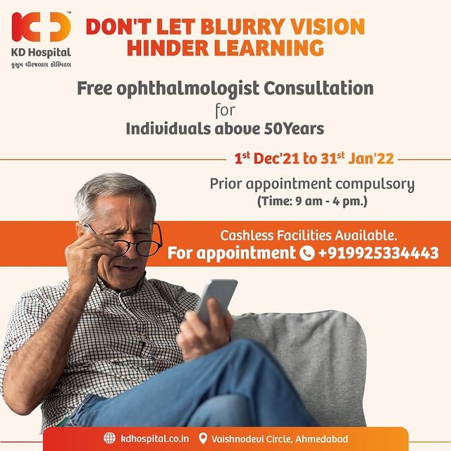 Get checked and get treated well. 
Offering Free Ophthalmologist Consultation for individuals above 50 years. Call now: +91 9925334443 to book an appointment. 
Do not take the blurred vision for granted just because you are ageing.

#KDHospital #eyecheckup #cataract #vision #eyecare #eyedoctor #eyes #eyespecialist #glasses #eyeclinic #optometry #eyehealth #health #blindness #blind #cataractsurgery #Diagnosis #Therapeutics #goodhealth  #socialmediamarketing #digitalmarketing #wellness #wellnessthatworks #Ahmedabad #Gujarat #india
