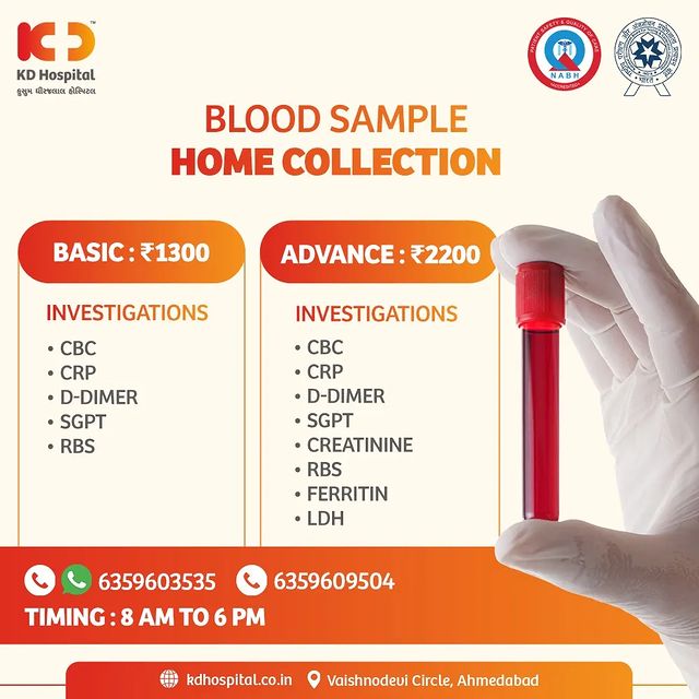 Home Blood Sample collection facility is now available at @kdhospitalofficial Get your samples tested by our reputed NABL Accredited lab. To book your blood sample collection from the comfort of your home. WhatsApp us on 6359603535 or  Call us between 
8am to 6pm, on 6359609504 

#KDHospital #HomeSampleCollection #BloodTest #Testfromhome #accuratereport #Covid19 #indiafightscovid19 #socialdistancing #goodhealth #health #fitness #healthyliving #patientscare #Ahmedabad #yourstomake #trendinginahmedabad