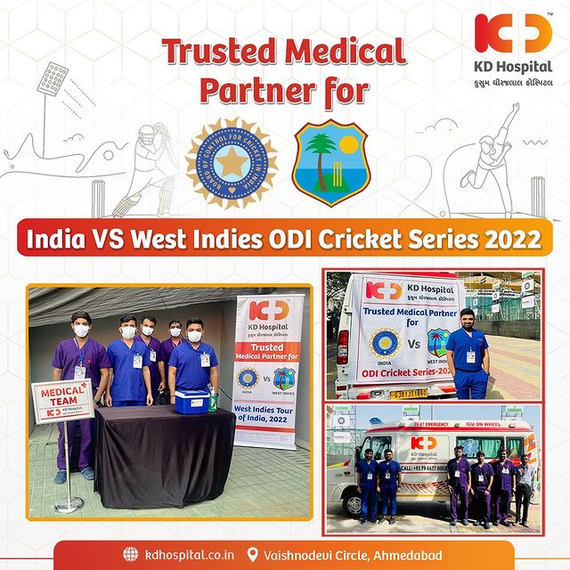 @kdhospitalofficial, Ahmedabad is proud to be the trusted medical partner for the Ind Vs WI ODI Cricket series, 2022 at Shri Narendra Modi Stadium.
Fasten your seat belts tomorrow as action begins at 1:30pm,Sunday(6th Feb)
@viveknanda77 
#KDHospital #INDvsWI #RohitSharma #cricket  #BoysInBlue  #TeamIndia #cricket #cricketfever #cricketlife #lovecricket #bcci #teamindia #cricketlovers #cricketfans  #MultiSpecialtyHospital #QualityCare #hospitals  #trendinginahmedabad #wellness  #YoursToMake #Ahmedabad #Gujarat #India