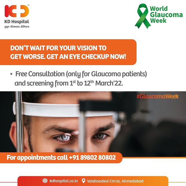 This World Glaucoma Week, KD Hospital's Ophthalmology Department is offering Free Consultation & Screening (for Glaucoma patients only). Come visit us to avail this offer between 1st and 12th March'22.
For appointments call us on +91 8980280802.

#KDHospital #NABHHospital #GlaucomaAwareness #LowVision #HealthyEye #Doctors #Safety #Ophthalmology #eyecheckup  #vision #eyecare #eyedoctor #eyes #eyespecialist #glasses #eyeclinic #eyehealth #health  #wellness #goodhealth #wellnessthatworks #Nusring #trendinginahmedabad #wellness #YoursToMake #Ahmedabad #Gujarat #India