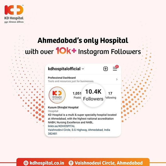 Thank you all for your Love ❤️. Through social media, our brand outreach has significantly increased in the past two years.
 
KD Hospital, Ahmedabad has become the city's only hospital with over 10,000 followers on Instagram

Our sincere gratitude goes out to all the patrons who have motivated us.

#KDHospital #NABHHospital #10KFamily #WeAre10K #10000Followers #Grateful #10kFollowers #10000FollowersFamily #FollowersInstagram #Safety #Health #Medicine #TrendinginAhmedabad #Gujarat