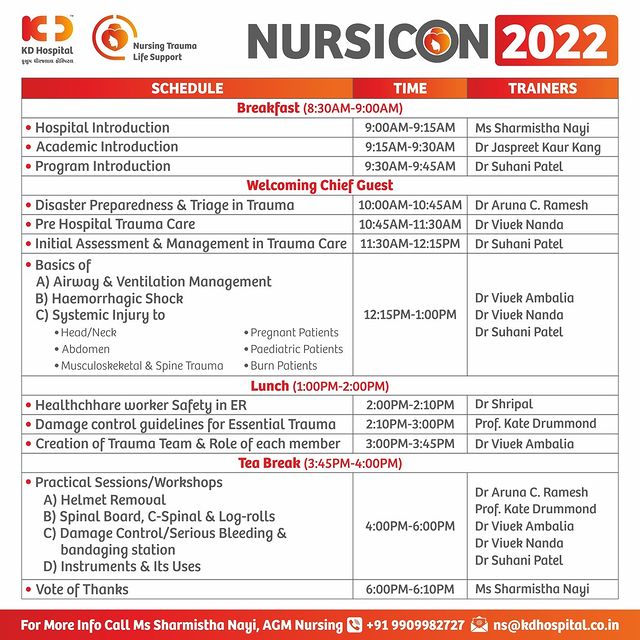 KD Hospital , Ahmedabad is proud to host the First of its kind annual NURSICON 2022! Contact Ms Sharmistha Nayi, AGM Nursing, at +91 9909982727 for more information.

Join us at this 1-day convention organized exclusively for the nursing fraternity & learn the Nursing Trauma Life Support (NTLS) course from expert national & international faculty. Comprised of theoretical & practical sessions, this event will be held on Saturday 11th June'22, 9:00 am onwards. 

#KDAcademis #KDHospital #Nurse #nursingcollege #BscNursing #GNM #Nursingeducation #Academics #courses #Connections #wellness #healthcare #medicos #conference #medicalstudent #medicalschool #YoursToMake #Ahmedabad #Gujarat #India