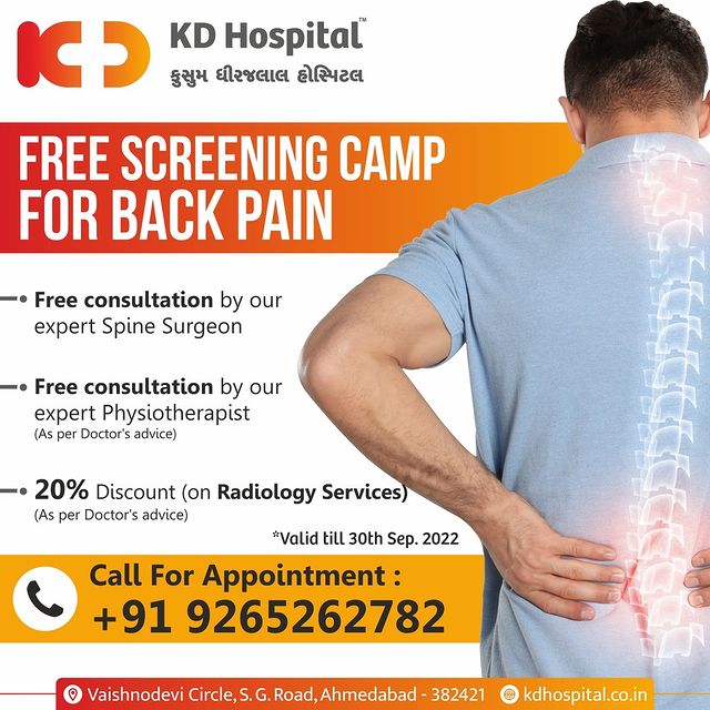 Is Backpain preventing you from enjoying life to the fullest?
Get yourself checked at the free screening camp for Back pain at KD Hospital, Ahmedabad & Get 20% off on Radiology Services. 
For appointments call us on +91 9265262782.
Offer valid till 30th September'22 only.

#KDHospital  #Doctors #spinesurgery #spinesurgeryrecovery #spinesurgeon #spinehealth #spineproblem #spinecheckup 
#lowbackpain #backpain #sciatica  #sciaticapain #discpain  #physiotherapy  #nervepain  #lumbar #discbulge #lowerbackpain #spine  #lowback #lowbackmobility #backpainrelief #lowbackpainrelief #lowerbackpainrelief  #Ahmedabad #Gujarat #India #yourstomake #trendinginahmedabad