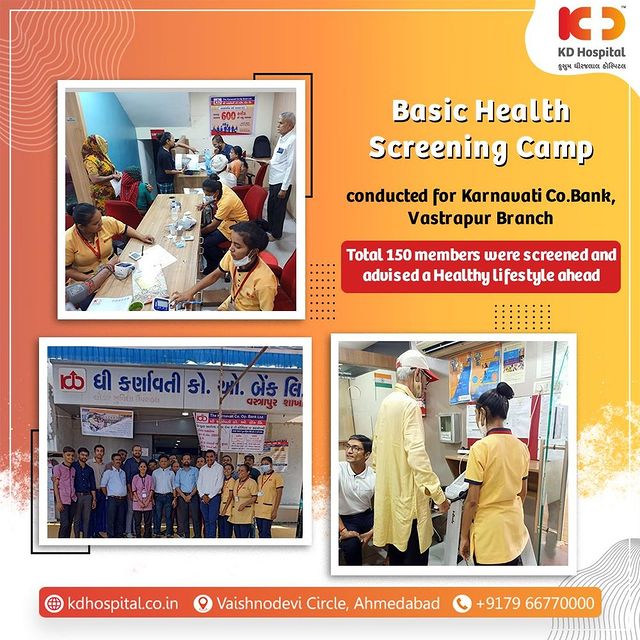 Basic Health Screening Camp conducted for Karnavati Co.Bank ,Vastrapur Branch Total 150 members were screened and advised a Healthy lifestyle ahead

#KDHospital #healthcheckupcamp  #freehealthcheckup  #camp #healthylifestyle #healthawareness  #Healthcheckup #Healthylife #RegularCheckups #Corporate #HealthAwareness #LetsGetHealthy  #healthyhabbits #healthadvice #lifestyle #healthyfood #healthbenefits  #awareness #healthierandhappiercommunity #WellnessThatWorks  #healthyliving  #YoursToMake #trendinginahmedabad #Ahmedabad #Gujarat #india