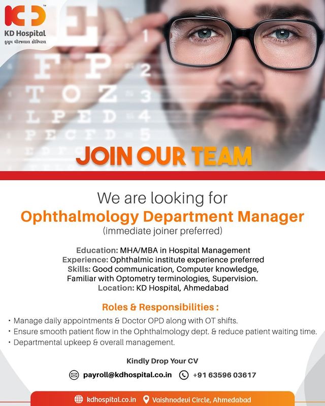 KD Hospital is hiring! 

We are currently looking for Ophthalmology Department Manager. Eligible and interested candidates can send their updated CV to payroll@kdhospital.co.in or call directly on +91 63596 03617.

#KDHospital  #MBA #MHA #working #career #HiringAlert #vacancy #opportunity #hiringnow #urgentvacancyalert #recruitment #jobsearch #jobs  #Ophthalmology #opthalmologist  #EyeCare #EyeClinic #wellness #goodhealth #wellnessthatworks #trendinginahmedabad #YoursToMake #Ahmedabad #Gujarat #India