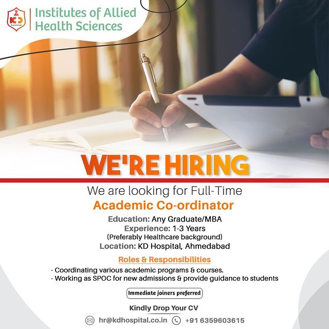 Hiring a full-time Academic Coordinator with sound knowledge of DNB  coordination from NBE. Eligible & interested candidates can drop their CVs at hr@kdhospital.co.in or call us on +91 6359603615.

#KDHospital #kdacademics #admin #career #HiringAlert #vacancy #opportunity #career #instajob #hiringnow #urgentvacancyalert #recruitment #jobsearch #jobs  #MBA #MHA  #interactivegrams #instagrameverywhere #Ahmedabad #Gujarat