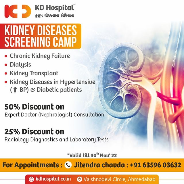 Visit our Kidney Disease Screening Camp & get a 50% discount on a Consultation by KD Hospital's expert Nephrologist.
Offer valid till 30th November 2022 only. 
For appointments call Now on: +91 63596 03632. Stop ignoring your Kidney problems & get a checkup now!

#KDHospital #KidneyDisease #Nephrology #Kidney #Dialysis #AccuteKidneyDisease #ChronicKidneyDisease #Nephritis #UTI #Createnine #KidneyCyst #PolycysticKidney #DiabeticNephropathy #Nephrology #KidneyTransplant #kidneyhealth #kidneyfailure #interactivegrams #instagrameverywhere  #diabetickidneydisease #YoursToMake #Ahmedabad #Gujarat #india