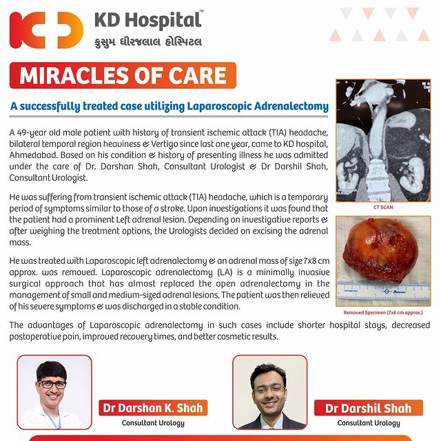 An adrenal mass of size 10x9 cm was successfully removed using a non-invasive method.
A patient who was accidentally diagnosed with a large adrenal lesion was treated by KD Hospital's expert Urologists Dr Darshan Shah & Dr Darshil Shah. Using Laparoscopic Adrenalectomy, the huge mass was removed from the patient's body. This case is a stellar example of how non-invasive techniques have replaced conventional surgical methods.

#KDHospital #miraclesofcare #doctor #surgery #adrenal #adrenalsurgeon #adrenaltumor #adrenalgland #adrenalectomy #adrenalsurgery #laproscopicsurgery #laproscopy  #laproscopicsurgeon #Urology #TURP #urinaryproblems #UTI #urologyclinic #kidney  #UrologySurgeries #urologist #knowyourdoctor #interactivegrams #instagrameverywhere #trendinginahmedabad #wellness #YoursToMake #Ahmedabad #Gujarat #india