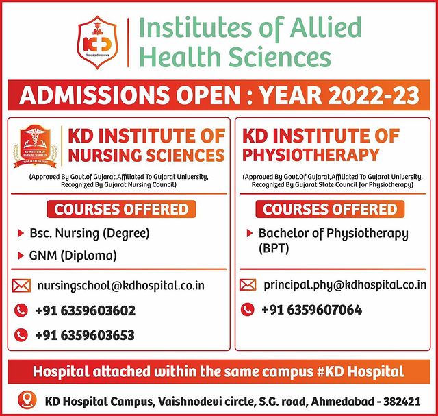 Admissions are now open! 
Calling all future Physiotherapists & Nurses to enrol in the 2022-2023 batch.  Grab the opportunity to learn at one of the leading clinically rich Campuses in Gujarat.
For admissions call Now on: +91 63596 03602/ +91 6359607064.

#KDHospital #academic #nursing #physiotherapy #physio #physiotherapist #physiodoctors #BPT #PT #nursingeducation  #futurenurse #nursing #nursingschool #nursingstudent #nursepractitioner  #paramedicstudent #RN #RegisteredNurse #HigherEducation #nursingeducation #nurseeducator  #interactivegrams #instagrameverywhere #YoursToMake #Ahmedabad #Gujarat #india