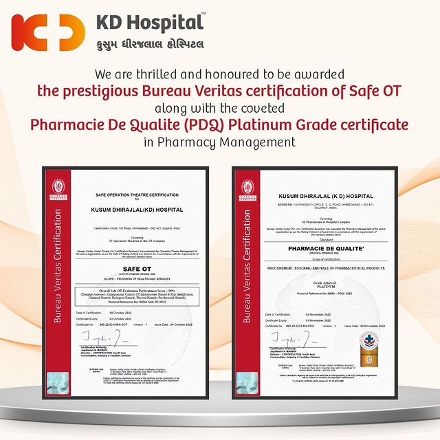 Kusum Dhirajlal (KD) Hospital received the Prestigious Bureau Veritas Certification of Safe OT along with the coveted Pharmacie De Qualite' (PDQ) Platinum Grade certificate in Pharmacy Management. This is a reflection of KD Hospital’s commitment to quality and safe healthcare services.
@bureauveritasgroup 

#KDHospital #Award #Accreditation #QualityCare #Accredited  #Hospital #Nurse #Doctor #Surgery #Medical #Medicine #Multispecialityhospital #besthospital #hospital  #interactivegrams #instagrameverywhere  #technology #healthcare #qualitycare #surgeon #trendinginahmedabad #Ahmedabad #Gujarat #india