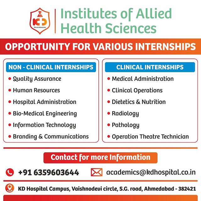 Internship opportunities are open now! 
Get a chance to learn from the best, at KD Institutes of allied health Sciences. For more information call: +91 63596 03644 or email: academics@kdhospital.co.in.

#KDHospital #KDIAHS #academic #internships2022 #internshipopportunity #qualityassurance #HR #HumanResource #Recruitment #management #marketing #branding #digitalmarketing #marketingdigital #clinicalresearch #dietitiansofinstagram #dietitics #consultantdietitian #radiology #pathology #OT #interactivegrams #instagrameverywhere #YoursToMake #Ahmedabad #Gujarat #india