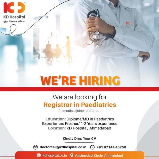 KD Hospital is hiring! 
We are currently looking for Paediatric Registrar. Eligible and interested candidates can send their updated CVs to doctorcell@kdhospital.co.in or call directly on +91 97144 45758.

#KDHospital #career #HiringAlert #vacancy #opportunity #hiringnow #urgentvacancyalert #recruitment #jobsearch #jobs #nicu #neonatology #Paediatrics #pediatrician #criticalcare #pediatrics #neonatology #neonatologist #medical #medicine #medstudent #doctors #surgery #premed #medstudentlife #medlife #medicos #medic #Ahmedabad #Gujarat #india
