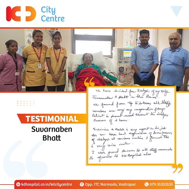 KD City Centre, Vastrapur is honoured to receive motivational & appreciative words from our Dialysis patient Mrs Suvarnaben Bhatt. Such things encourage our team to continue to provide the best healthcare services.

For Dialysis at KD City Centre call us on 079 35353535.

#KDHospital #KDCityCentre  #PatientSpeaks #kidneydisease #dialysis #ckd #dialysislife #dialysispatient #dialysispatients #Compassion #Doctors  #goodhealth #patienttestimonial #patient #testimonial #testimony #healthyliving #YoursToMake #trendinginahmedabad #Ahmedabad #Gujarat #india