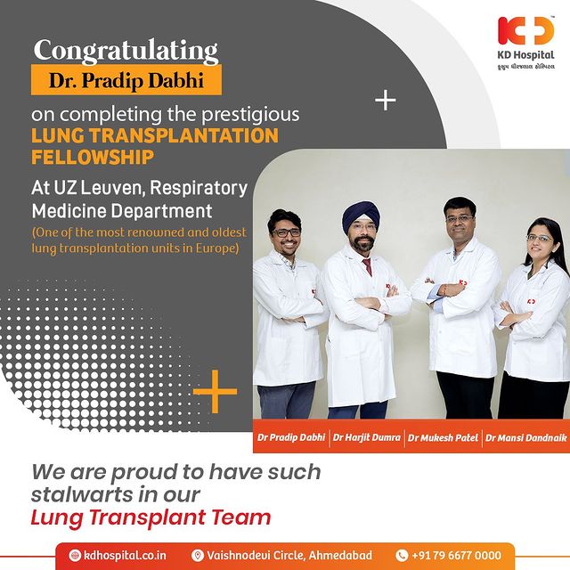 KD Hospital, Ahmedabad congratulates Dr Pradip Dabhi on completing the renowned Lung Transplantation fellowship at the Respiratory Department of UZ Leuven, Belgium. 
We are proud of having such skilled medical professionals as part of our lung transplant team & congratulate him on this achievement. Wishing him all the best as he begins his journey at KD Hospital, Ahmedabad.

#KDHospital #BestMultispeacialityHospital #education #encouragement #fellowships #criticalcare #breathe #hospital #medical #healthcare #lungs #cough #bronchitis #respiratorytherapist #respiratorystudent #respiratoryproblems #pulmonarytuberculosis #pulmonaryhypertensionday #healthcare #Ahmedabad
