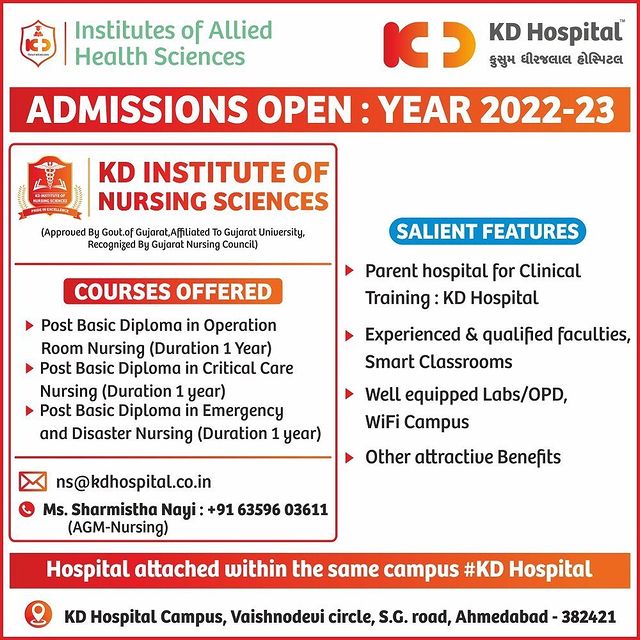 Admissions are now open! 
Calling all future Nurses to enrol in the 2022-2023 batch. For more information, drop a mail at ns@kdhospital.co.in or call Ms Sharmistha Nayi at +91 63596 03611
Grab the opportunity to learn at one of the leading clinically rich Campuses in Gujarat.

#KDHospital #academic #nursing #nursingschool #nursingstudent #nursepractitioner #studentnurse #futurenurse #medicalassistant #nursinglife #nursingeducation #futurenurse #nursing #nursingschool #nursingstudent #nursepractitioner #paramedicstudent #RN #RegisteredNurse #HigherEducation #nursingeducation #nurseeducator  #Ahmedabad #Gujarat #india