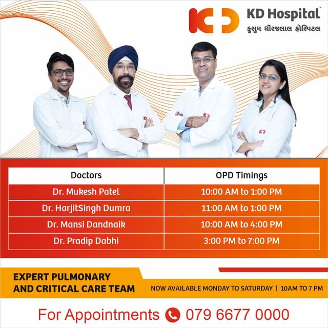 Available Monday to Saturday, 10:00 AM to 7:00 PM, our Pulmonary & Critical Care experts are now here to treat all your respiratory health problems. For appointments, call us on 079 6677 0000.

#KDHospital #BestMultispeacialityHospital #criticalcare #breathe #hospital #medical #healthcare #lungs #cough #bronchitis #respiratorytherapist #respiratorystudent #respiratoryproblems  #respiratorytherapist #pulmonaryembolism #pulmonaryfibrosis #pulmonaryembolismsurvivor #pulmonaryhypertensionawareness #pulmonaryarterialhypertension #pulmonaryrehab #pulmonaryfibrosisawareness #pulmonarydisease #pulmonarycriticalcare #pulmonaryhypertention #pulmonaryembolismrecovery #pulmonarydoctor #pulmonarytuberculosis #healthcare #Ahmedabad