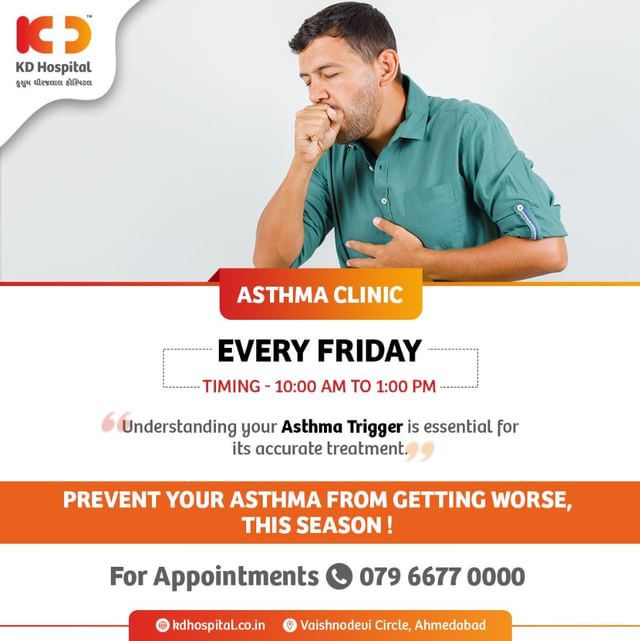Our Asthma clinic is open from 10:00 am to 1:00 pm every Friday. Visit us for your checkup & prevent your asthma from getting worse.
For an appointment call us on 079 6677 0000

#KDHospital  #Hospital #health #wellness #medicine #breathe #asthma #asma #allergy #lungs #asthmaproblems #asthmaattack #asthmaawareness #asthmarelief #asthmatreatment #allergy #lungs #inflammation #cough #breathingdifficulty #congestion #wheezing #nebuliser #sinus #asthmainflammation #Ahmedabad