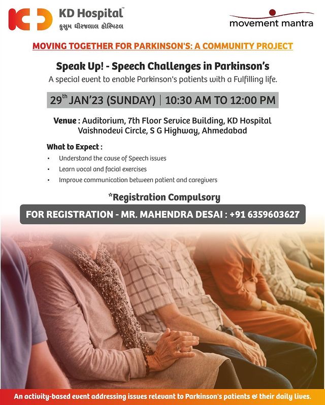 Join us for a special Parkinson's awareness event on 29th Jan'23, 10:30 am onwards, as we enable patients and their caregivers understand how to cope with this debilitating disease. Let's come together & speak up for those with Parkinson's disease!
For registrations & more information, kindly contact Mr Mahendra Desai at +91 6359603627.

@movementmantra 

#KDHospital #BestMultispeacialityHospital #Hi5KD #5yearsofhealingKD #parkinsons #parkinsonsdisease #parkinsonsawareness #Parkinsons #ParkinsonsDisease #MovementDisorder #parkinsons #depression #anxiety #neurology #neurosurgery #parkinsondisease #tremor #disease #movementdisorderspecialist #parkinsonsawareness #parkinsonsexercise #rehabilitation #parkinsonswarrior #alzheimers #parkinsonsfitness #dementia #neurorehab  #neurorehabilitation #parkinsonssucks