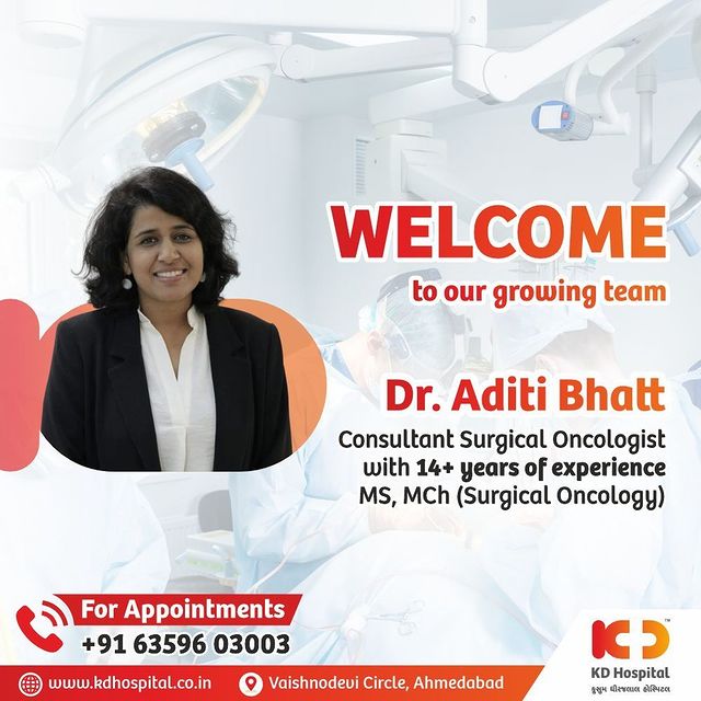 We are delighted to welcome Dr Aditi Bhatt, Consultant Surgical Oncologist to our growing team. She possesses over 14 years of experience in the field of Surgical Oncology & has expertise in managing Gastrointestinal and Gynaecological Cancers. 
For appointments call us on +91 63596 03003.

Follow us for more updates on KD Hospitals' growing team, recognised as the Best Multispeciality Hospital in Gujarat. (Brands Impact Awards 2022)

#BestMultispeacialityHospital #Hi5KD #5yearsofhealingKD #kdoncology #kdhospitaloncology #ahmedabadoncology #oncologistnearme #surgicaloncology #cancergujarat #oncology  #oncologynursing #oncologynutrition #oncologyaesthetics  #oncologyacupuncture #oncologyadministration #oncologyapprovedskincare #oncologyappointment #oncologyclinic #oncologycare #oncologycenter #oncologyconsultants #oncologydoctor #oncologydoctors #oncologyexperts #cancerawareness #fightcancer #cancerfree #oncologia #oncologycare