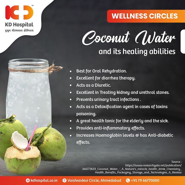 Coconut water is rich in nutrients & minerals as shown by research. This natural health drink has anti-inflammatory properties and also helps immensely with diarrhoea. In addition to being a powerful antioxidant, coconut water offers several health benefits.

Stay tuned for more health tips by KD Hospital, recognised as the Best Hospital in Gujarat (Brands Impact Awards 2022).

#KDHospital #Hi5KD #5yearsofhealingKD #wellnesscircles #besthospital #coconutwater #coconut #healthylifestyle #coconuts #healthyfood #coconutmilk #healthy #beach #coconutoil  #healthydrink #fitness #summer #water  #coco #hydration #health #coconutwaterbenefits  #aguadecoco #greencoconut  #coconuttree #tendercoconut  #coconutwater #coconut #healthylifestyle  #coconuts #healthyfood
