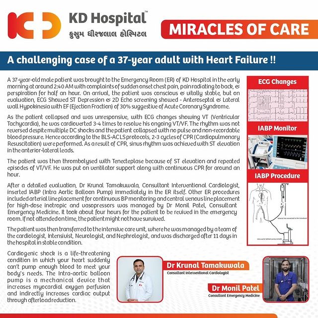 A 37-year-old male patient was brought to KD Hospital in the early morning at around 2:40 AM with complaints of sudden onset chest pain. He suddenly collapsed due to Cardiogenic Shock. He was cardioverted 3-4 times to resolve his ongoing VT/VF. The patient was then thrombolysed & Dr Krunal Tamakuwala , Consultant Interventional Cardiologist, inserted IABP (Into Aortic Balloon Pump) immediately in the ER itself.
Heart Failure is a life-threatening condition
If not attended on time, the patient might not have survived.

#KDHospital #miraclesofcare  #health #cardio #heart #heartattack #cardiology #heartdisease #cardiovascular #hypertension #cardiologist #kdhospitalcardiacservices #kdhospitalcardiology #cardiacsurgery #heartfailure #cardiology #heart #heartdisease #hearthealth #cardiologist #heartattack #medicine #cardiovascular #doctor #cardiac #cardiacsurgery #emergencymedicine #ER  #cardiacarrest