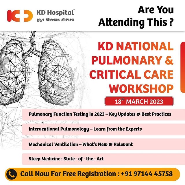 Join us for an informative and engaging workshop on Pulmonary and Critical Care, led by renowned experts in the field. You will gain valuable insights and learn cutting-edge techniques for the diagnosis, treatment, and management of pulmonary and critical care diseases. 

Don't miss this opportunity to elevate your knowledge. Register now and let's breathe better together! Click the link in Bio for registration, or Call Now at +91 9714445758 for free Registration.

 #KDHospital #Hi5KD #5yearsofhealingKD  #health
#PulmonaryAndCriticalCare #MedicalWorkshop #PatientCare #DiagnosticTools #MedicalAdvancements #ContinuingEducation #MedicalCommunity #MedicalExperts #Collaboration #doctor #medicine #breathe #hospital #medical #healthcare #doctors #medstudent #physician #lungs #physician #icu #criticalcaremedicine #criticalcarenursing #criticalcareparamedic #criticalcaretransport #criticalcaremedic #ahmedabad