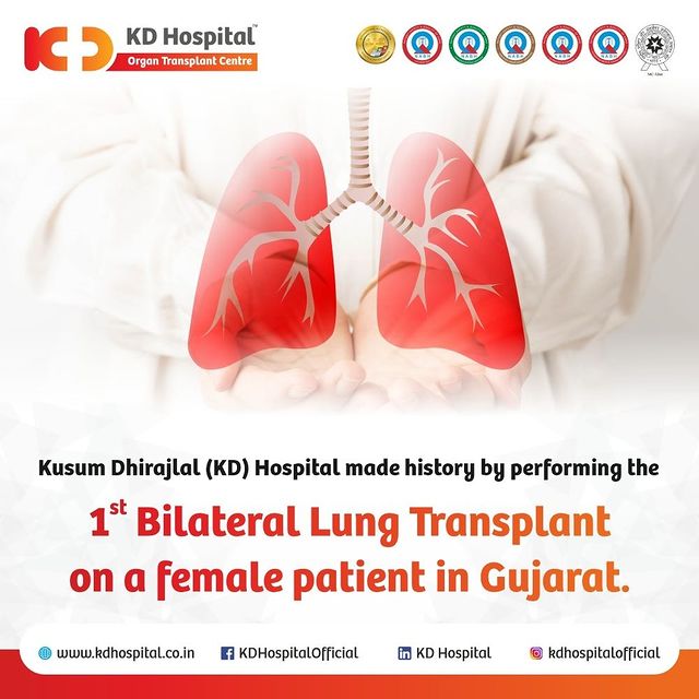 1st Bilateral Lung Transplant on a female patient in Gujarat!
This life-changing milestone marks a new era of hope and healing for those battling lung diseases. A testament to the dedication and expertise of our medical professionals. 

For more information on our Organ Transplantation programme please call Mr Nikhil Vyas, Transplant Coordinator on +91 63596 02647 or Email: transplantcoordinator@kdhospital.co.in.

#KDhospital #Hi5KD #5yearsofhealingKD #breathe #survivor  #lungtransplant #medicalhistory #lungtransplant #KDHospital #Gujarathealthcare #breathe #survivor #breathtaking #chronicillness #transplant #lungs #organdonation #health #breathe #chronicillness #transplant #donor #organdonation #giftoflife  #lungs #respiratorytherapist #pulmonaryembolism #pulmonaryfibrosis