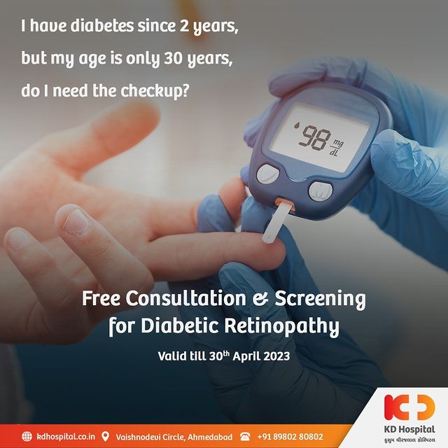 I have diabetes, but my age is only 30 years, do I need an Eye check-up?
Any Diabetic patient should undergo Eye and Retina Check-up every year irrespective of age. KD Hospital is offering a free consultation and screening until April 30th, 2023. Take control of your health and book your appointment today! 
Call Now: +91 +918980280802.

#KDHospital #Hi5KD #5yearsofhealingKD #diabetesawareness #retinopathy #healthcareforall #DiabeticRetinopathy #HealthyVision #DiabetesAwareness #HealthCheckup #ClearVisionAhead #NeverLoseSight #diabetesawareness #diabetesprevention #diabetesmanagement #diabeticeyehealth #retinopathyawareness #retinopathyawarenessmonth #diabeticvisionloss #eyehealthmatters #eyecareforall #visionlossprevention #diabetescomplications #diabeteshealthtips #diabeteswellness #diabeteslifestyle