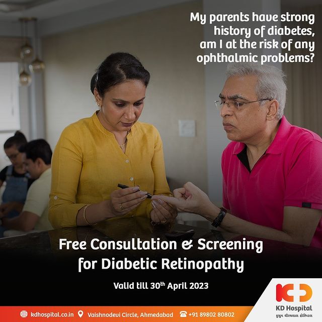 My parents have a strong history of diabetes, am I at risk of any ophthalmic problems? 
Getting screened for diabetic retinopathy can detect early signs of damage and help prevent vision loss, especially if you have a family history of diabetes. KD Hospital is offering a free consultation and screening until April 30th, 2023. Take control of your health and book your appointment today!
Call Now: +91 +918980280802.

#KDHospital #Hi5KD #5yearsofhealingKD #diabetesawareness #retinopathy #healthcareforall #DiabeticRetinopathy #HealthyVision #DiabetesAwareness #HealthCheckup #ClearVisionAhead #NeverLoseSight #diabetesawareness #diabetesprevention #diabetesmanagement #diabeticeyehealth #retinopathyawareness #retinopathyawarenessmonth #diabeticvisionloss #eyehealthmatters #eyecareforall #visionlossprevention #diabetescomplications #diabeteshealthtips #diabeteswellness #diabeteslifestyle