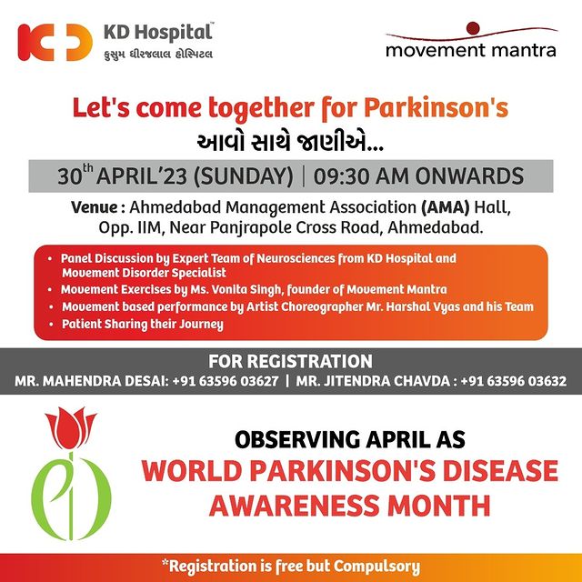We're coming together to connect, share experiences, and support each other in our journey with Parkinson's. Let's raise awareness, share stories, and show our support for Parkinson's warriors!

Join us on 30th April 2023 (Sunday) at Ahmedabad Management Association (AMA) Hall, Opp. IIM, Near Panjrapole Cross Road, Ahmedabad. Our event aims to empower patients, caregivers, and their loved ones with information, resources, and a strong sense of community.

#KDHospital #Hi5KD #5yearsofhealingKD #PDsupport #MovementDisorder #movementdisorderspecialist #Parkinsonsawareness #communitysupport #health #medical #disease #rehabilitation #alzheimers #parkinson #parkinsons #parkinsonsdisease #parkinsonsawareness #parkinsonsexercise #parkinsonswarrior #parkinsonsdiseaseawareness #parkinsonslifestyle #parkinsonssupport #parkinsonsdiseaserecovery #parkinsonsdiseasetreatment #WellnessThatWorks #YoursToMake #trendinginahmedabad