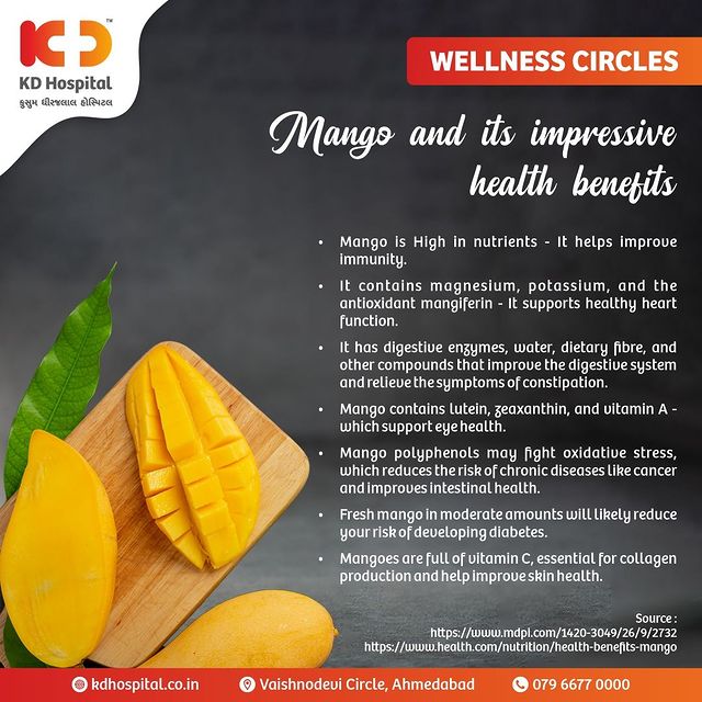 Why should you eat mango this summer? 
Yes, eating mangoes can be a healthy addition to your diet. 
Mangoes are not only delicious but also known as a superfood because they are packed with numerous essential vitamins and minerals. 
It's best to incorporate mangoes as part of a balanced diet along with other fruits, vegetables, whole grains, and lean proteins. 
Stay tuned for more health tips by KD Hospital, recognised as the Best Hospital in Gujarat (Brands Impact Awards 2022).

#KDHospital #Hi5KD #5yearsofhealingKD #wellnesscircles #healthylifestyle  #healthbenefits #healthylife #healthyeating #healthyliving #health #healthy #detox #hormonalimbalance #detoxjuice #freshjuice #smoothie #juice #healthyfood #mangoes #mangosmoothie #mangojuice #fruits #fruitsmoothie #summertime #Mango #HealthySnack #Vitamins #BoostYourImmunity