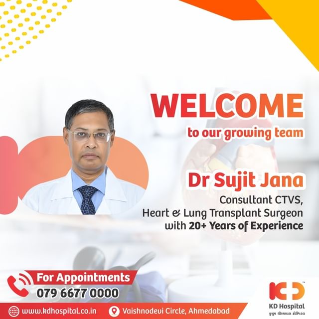 Join us in extending a warm welcome to Dr Sujit Jana, our newest Consultant in Cardiovascular and Thoracic Surgery, specializing in Heart and Lung Transplants! 
With over two decades of expertise, he's set to make miracles happen.

For Appointments Call Now: 079 6677 0000.

#KDHospital  #cardiac #cardiology #heart #cardiologist #cardiovascular #cardiacsurgery #health #heartdisease #healthcare #cardio #hearthealth #heartsurgery #echocardiographer