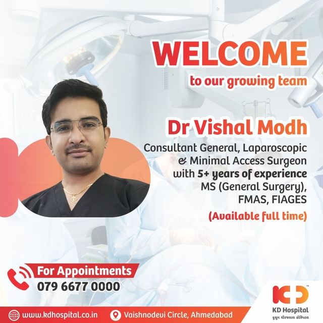 We're thrilled to welcome Dr. Vishal Modh to our KD Hospital family as a Consultant General, Laparoscopic and minimal Access Surgeon with over 5+ years of experience!
Get ready to experience world-class care and expertise. 
For appointments, call now at: 079 6677 0000. 
Your health is our priority! 

#KDHospital #surgeon #surgery #doctor #medical #medicine #hospital #doctors #health #healthcare #surgeons #laparoscopy #laparoscopic #minimalaccesssurgery #criticalcare #appendixsurgery  #bestsurgeon #generalsurgery  #appendicitis #appendectomy #cholecystitis #hernia #herniasurgery #umbilicalhernia #ingunialhernia #herniatreatment