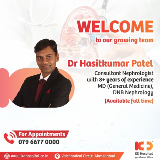 🩺 Welcome Dr Hasit Kumar Patel 🩺
Bringing expertise and compassion to KD Hospital's Nephrology team.
Let's continue our journey of providing exceptional nephrology care to our patients.
For appointments, call now at:  079 6677 0000.

#KDHospital  #nephrology #kidney #kidneydisease #dialysis #kidneyhealth #kidneytransplant #kidneyfailure #chronickidneydisease #kidneystones #kidneywarrior #medical #transplant #organdonation #nephrologist #doctor #renal #diabetes