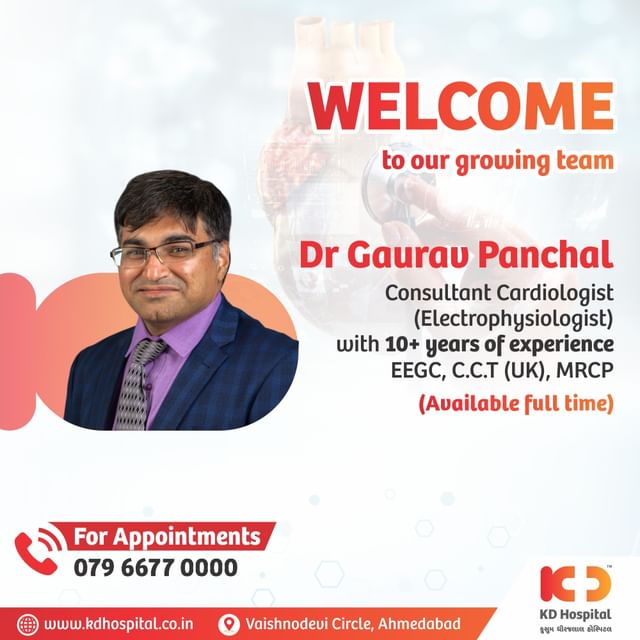 Thrilled to welcome Dr. Gaurav Panchal, a seasoned Consultant Cardiologist (Electrophysiologist) with over a decade of expertise, to the KD Hospital family! 
For appointments, call us now at 079 6677 0000.

#KDHospital #HeartHealth #cardiology #heart #medicine #cardiologist #doctor #cardiologia #medical #cardiovascular #cardio #health #ecg #hearthealth #echocardiography #heartdisease #cardiac #hospital #healthcare #echocardiogram #cardiacsurgery #electrophysiology #pacemaker #ep #interventionalcardiology #afib #heartfailure #cathlab #bls #cardiofellow