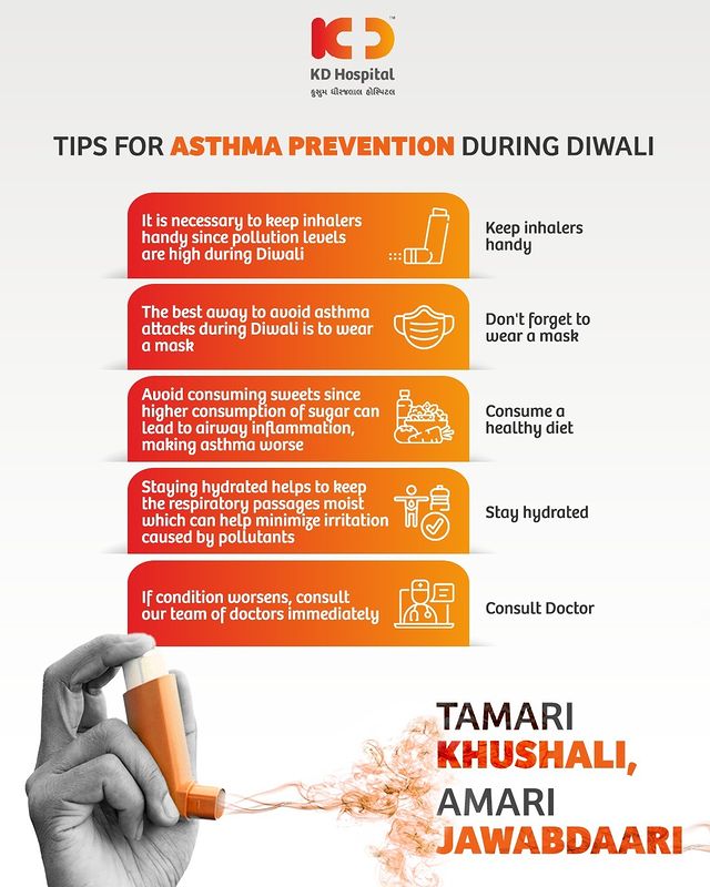 Rise in air pollution levels can make things worse for Asthma patients!

Therefore, we at KD Hospitals have compiled a list of preventive measures to be followed by Asthma patients to stay safe and healthy during Diwali!

#Asthma #DiwaliPollution #KDHospitals #Ahemdabad #Gujarat #India