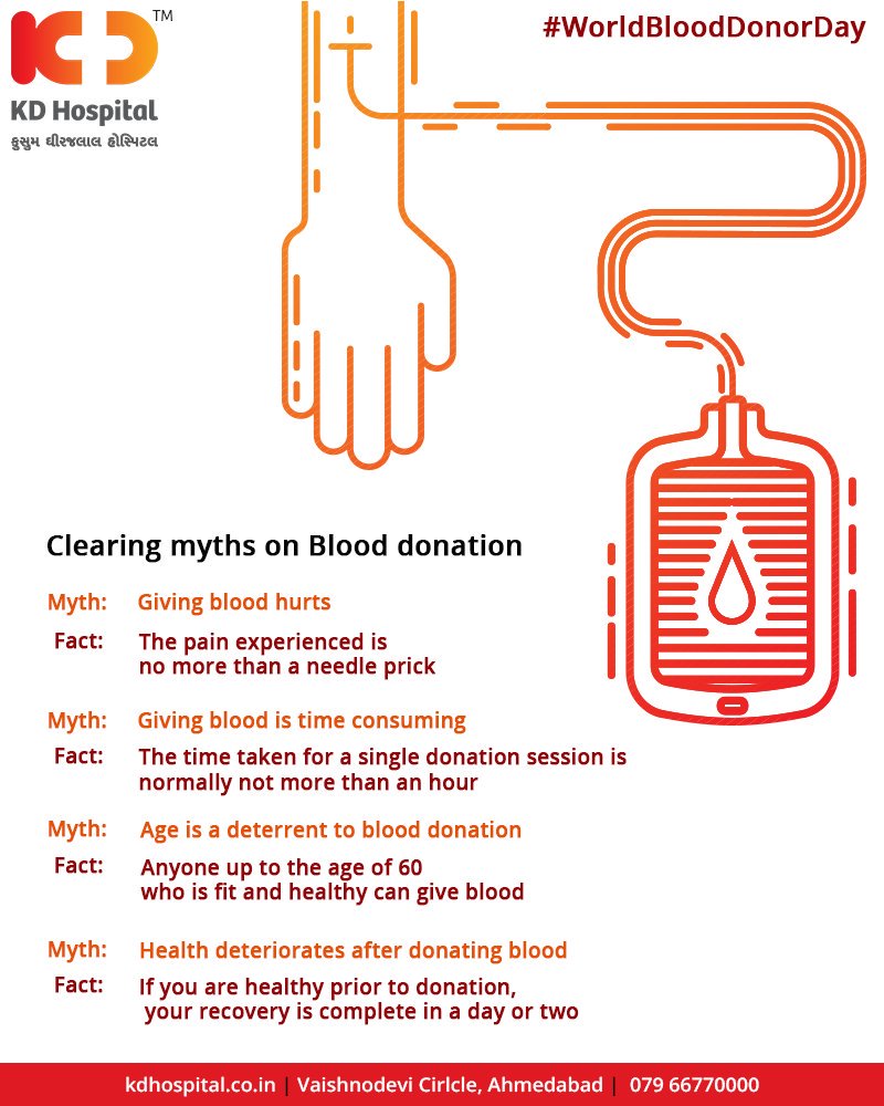 Clearing myths on Blood donation, this #WorldBloodDonorDay!

#WorldBloodDonorDay2018 #KDHospital #Ahmedabad #Healthcare #GoodHealth https://t.co/SnhMNVSQJK